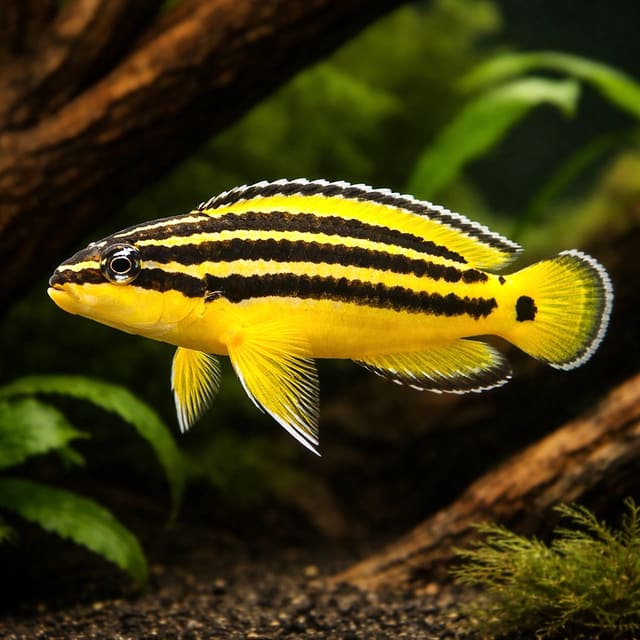 Golden Julie (Julidochromis ornatus) - bright golden-yellow pair-bonding cichlid from Lake Tanganyika