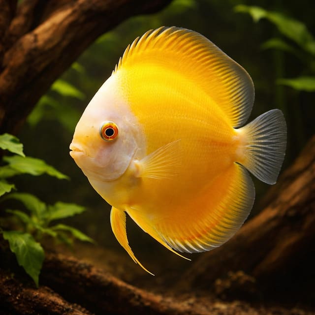 Representative Golden Melon-type discus beside driftwood; colour and pattern vary