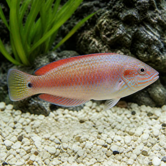 Female Bird Wrasse Gomphosus varius swimming in a marine aquarium