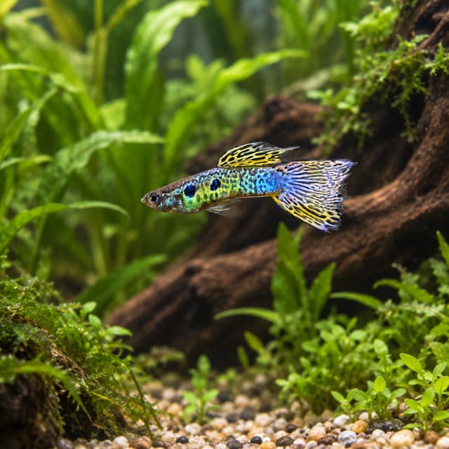 Male Green Cobra guppy with a green-yellow snakeskin pattern, blue-green flank and yellow-black reticulated tail in a planted
