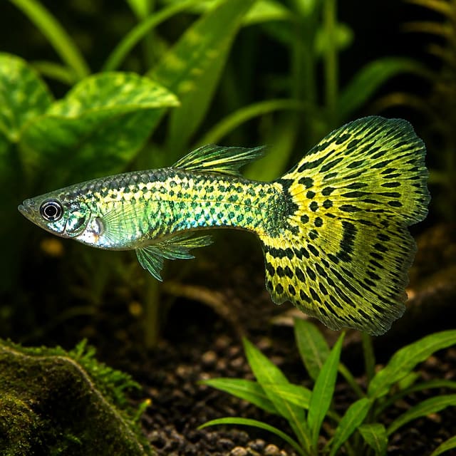 Representative illustrations male Green Cobra Guppy with green-gold cobra pattern in a planted aquarium