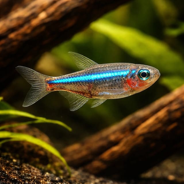 representative illustration of a small blue-striped tetra; exact fish, colour and size may vary