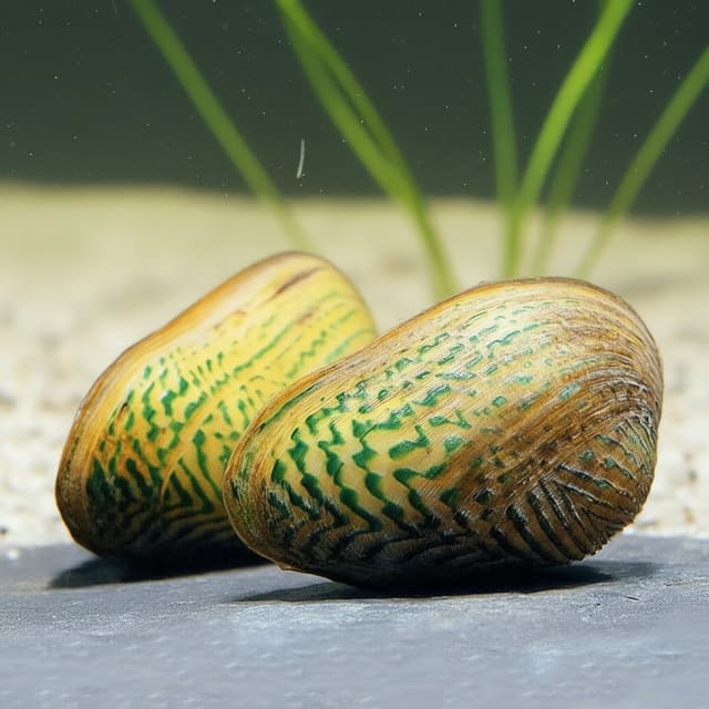 Two Green Ornamental Mussels (Scabies crispata) showing yellow-gold shells with green zig-zag pattern