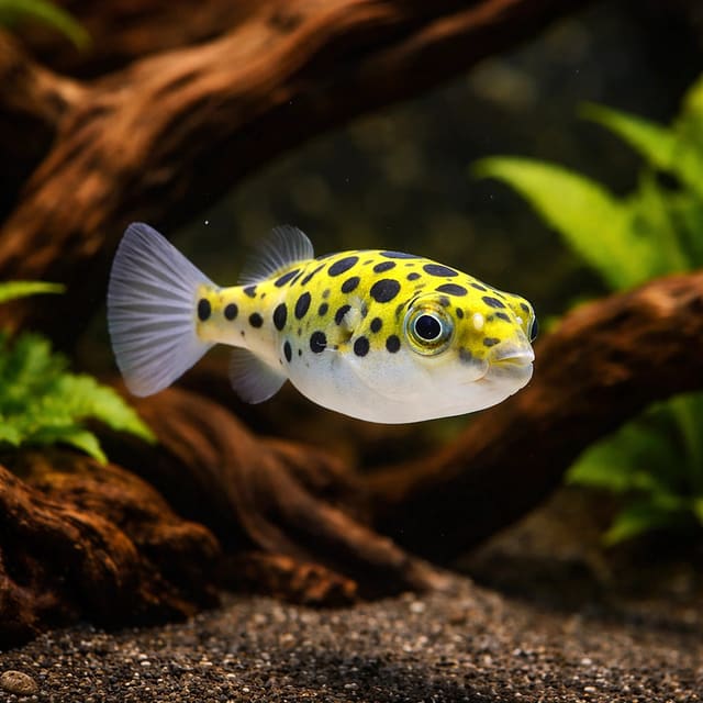Green Spotted Puffer (Dichotomyctere nigroviridis) with spotted back beside driftwood — representative image