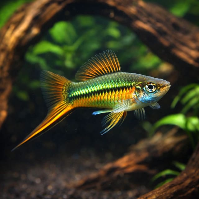 Green Swordtail (Xiphophorus hellerii) in a planted aquarium, representative illustration