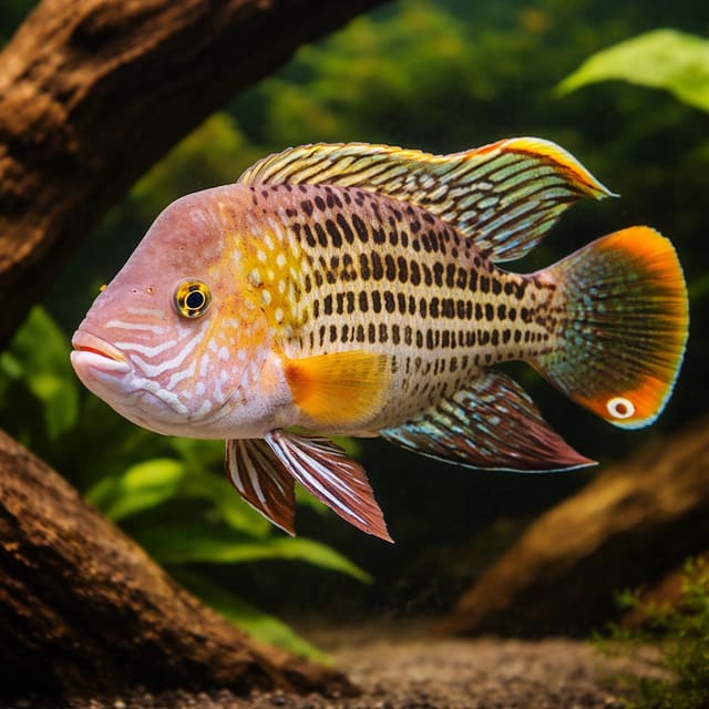 Green Terror Cichlid (Andinoacara rivulatus) in a structured large-cichlid aquarium