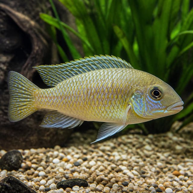 Juvenile Haplochromis ivory Undu Reef cichlid 4-5 cm, a Lake Victoria African fish with subtle markings