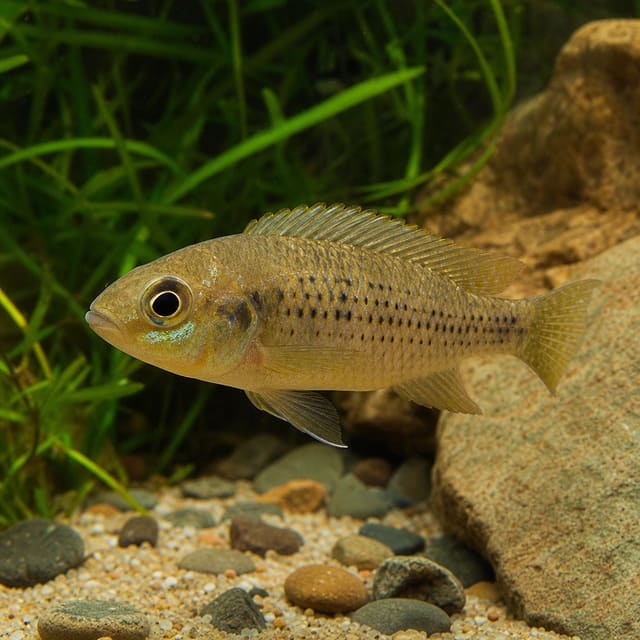 Haplochromis nyerei juvenile cichlid 3-4 cm, a Lake Victoria African fish with slender body and developing colour