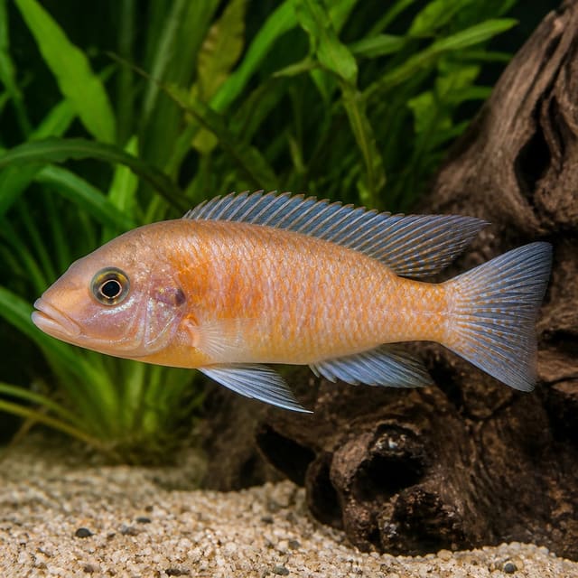 Young Haplochromis salmon cichlid, 3-4 cm, showing juvenile African cichlid body shape and colour