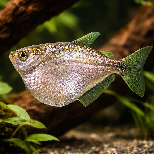Silver Hatchetfish (Gasteropelecus sternicla) in a planted freshwater aquarium