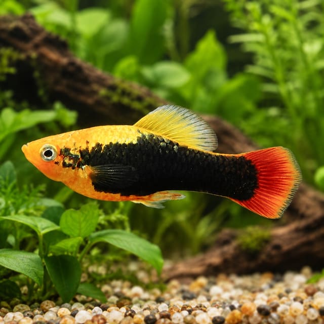 Hawaii Platy with a yellow-orange head, black tuxedo body and red tail swimming in front of aquarium plants and driftwood