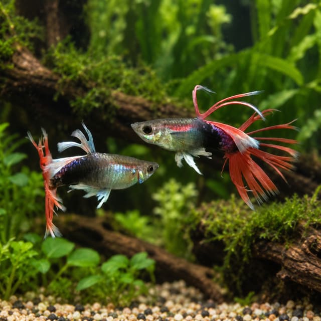 Half Black Red Crowntail guppies with dark rear bodies and long red crowntail rays in a planted aquarium