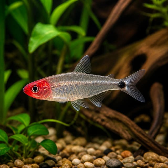 Brilliant Head Rummy Nose Tetra Hemmigrammus rhodostomus 2-3 cm with silver body and bright red nose