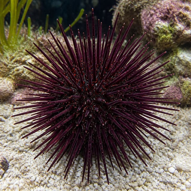 Heterocentrotus mamillatus red pencil sea urchin M size with thick blunt spines on reef rock
