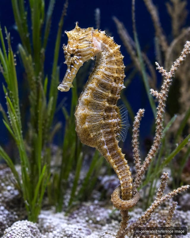 Large Hippocampus erectus lined seahorse in a marine aquarium, upright on a hitching point