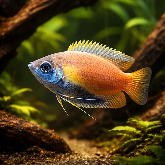 Honey Gourami (Trichogaster chuna) AI driftwood aquarium visual