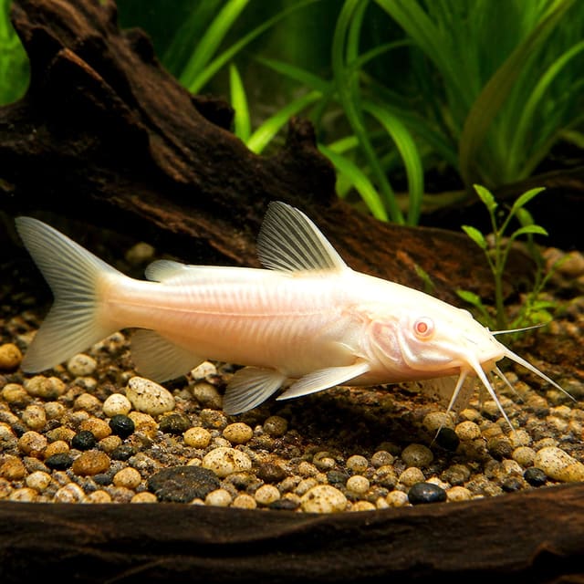 Albino Hoplosternum thoracatum catfish 3-4 cm with pale cream body and red eyes
