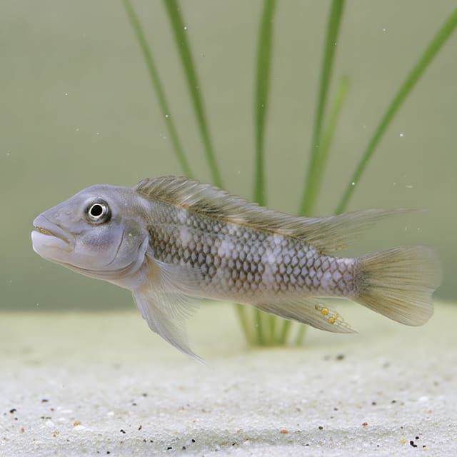 Reference-led illustration of Humphead Cichlid, Steatocranus gibbiceps, in a river-style aquarium