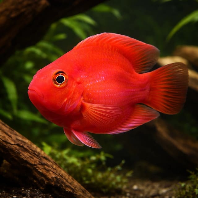 Juvenile Hybrid Parrot Cichlid in a spacious freshwater aquarium