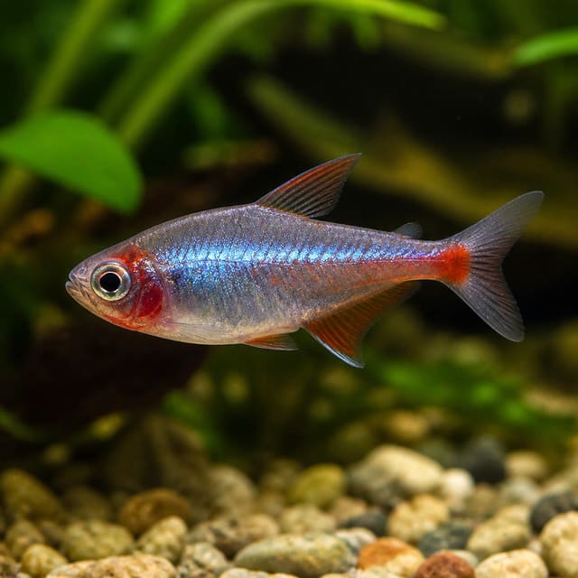 Red Blue Peru Tetra Hyphessobrycon margitae with red fins and blue sheen in a planted aquarium — representative image