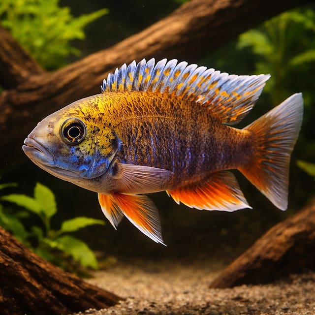 Jacobfreibergi Peacock Cichlid Blue (Aulonocara jacobfreibergi) in a Lake Malawi style aquarium