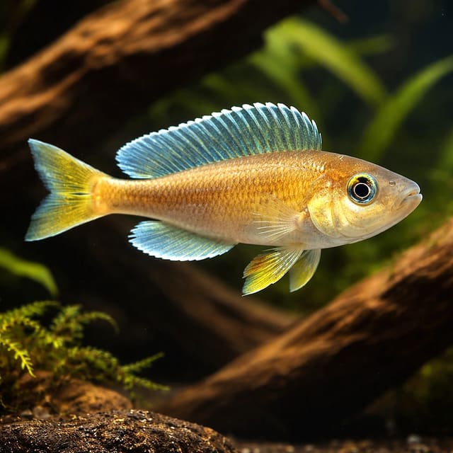 representative illustration of a Jumbo Yellow Cyprichromis cichlid swimming beside aquarium driftwood