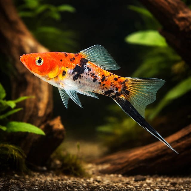 Koi Tricolour Swordtail (Xiphophorus hellerii) in a planted hard-water community aquarium — representative image