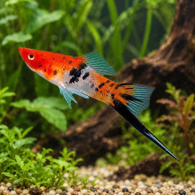 Koi Tricolour male swordtail with an orange-red head, a white body with black blotches, an orange rear and a black-edged