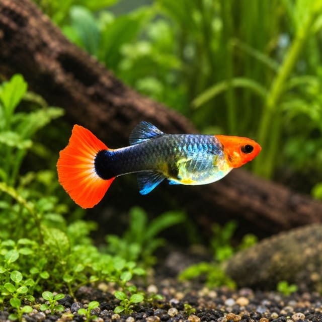 Koi Tuxedo female guppy with an orange-red head, a dark blue-black rear body and an orange-red tail, in a planted aquarium