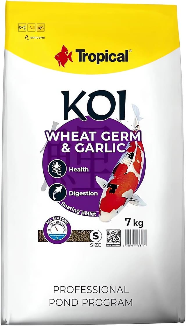 Tropical Koi Wheat Germ & Garlic Size S formula reference showing 7kg bag; listing supplies 1000ml/320g can