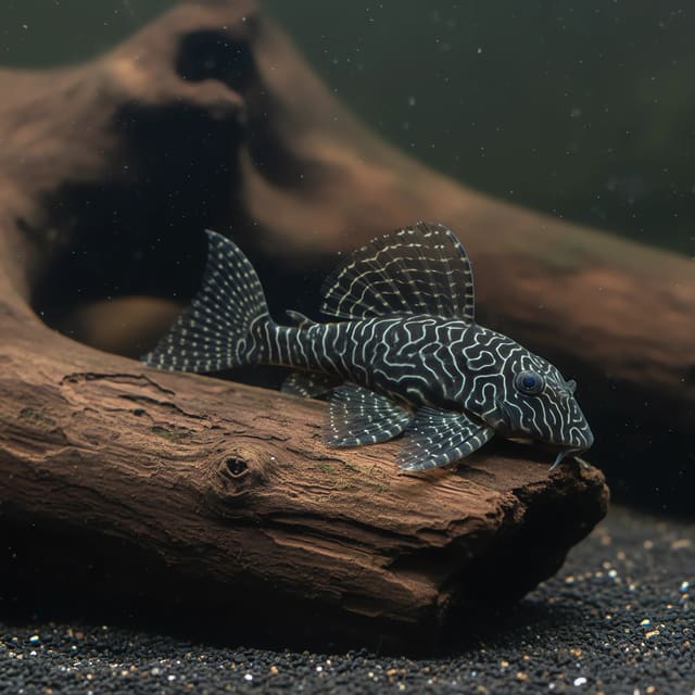 L260 Queen Arabesque Pleco (Hypancistrus sp.) resting on bogwood over dark aquarium sand — representative image