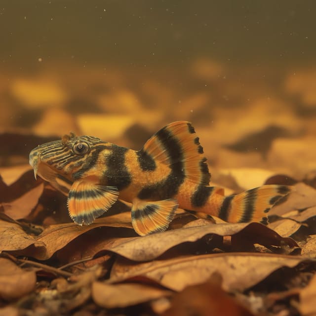 L397 Tangerine Tiger Pleco Panaqolus sp. on driftwood in a tropical aquarium