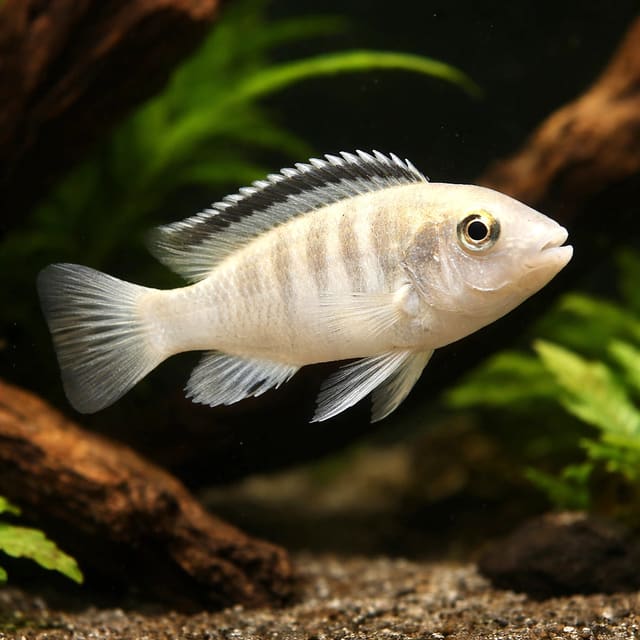 Electric White Cichlid (Labidochromis caeruleus “White”) in an aquarium