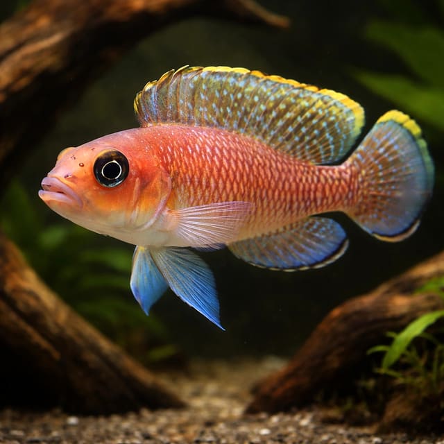 Lamprologus ornatipinnis between driftwood roots, orange body and blue-spotted dorsal fin edged in yellow