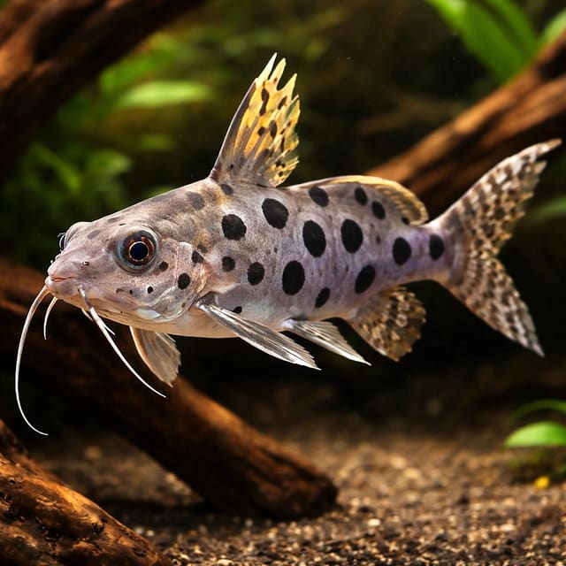Large-Spot Synodontis (Synodontis ocellifer) in a spacious aquarium with caves