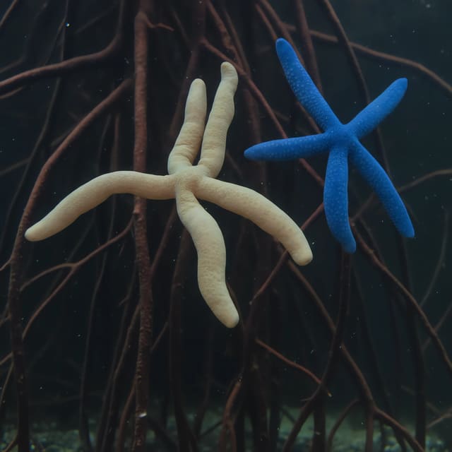 Red and orange Linckia laevigata starfish on live rock in a marine reef aquarium