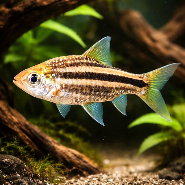 Lined Barb, Striuntius lineatus, exact source photo and planted aquarium views