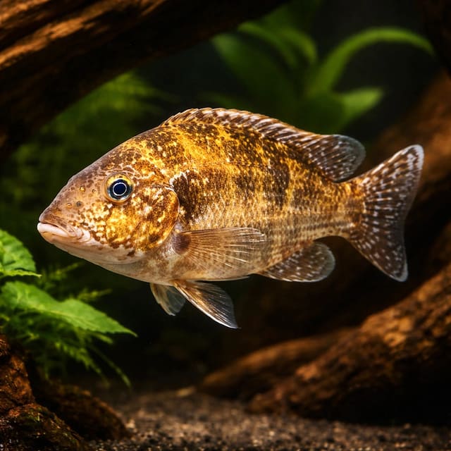 Linn's Haplochromis (Nimbochromis linni) in a rocky Lake Malawi cichlid aquarium