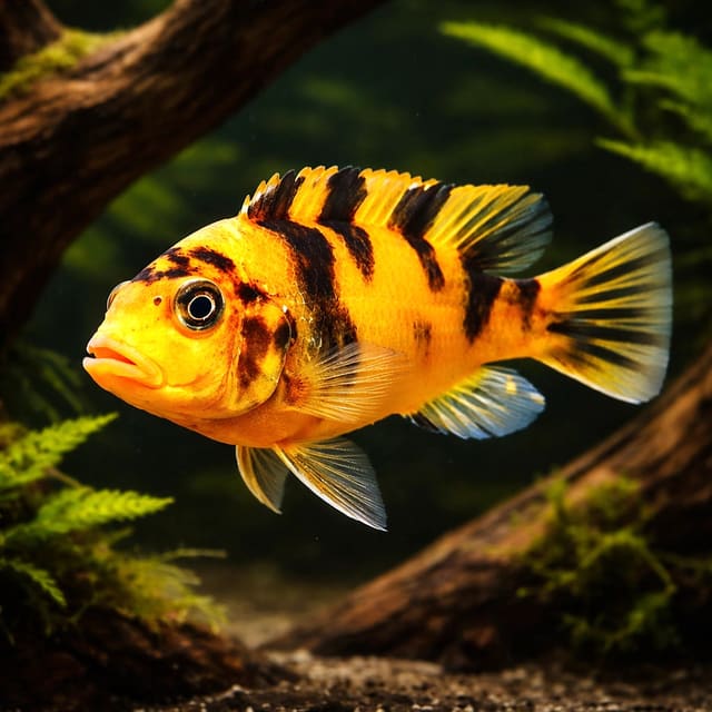 Illustrative OB Red Zebra Mbuna; supplied Maylandia zebra blotching, base colour and sex vary