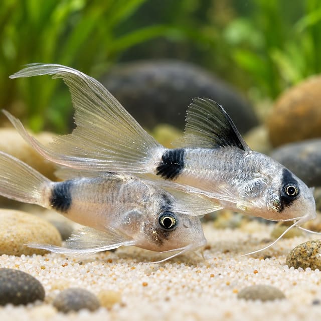 Two Longfin Panda Corydoras (Hoplisoma panda) with long flowing fins, a black eye mask and black dorsal and tail-base spots