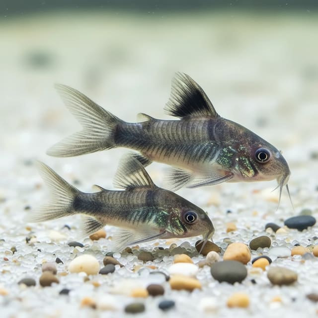 Representative image of a Longfin Panda Cory showing its black eye mask and extended fins