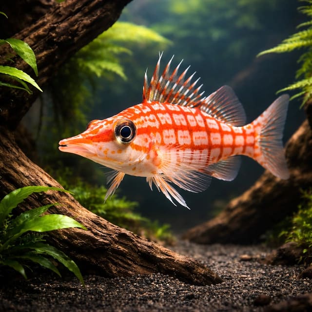 Longnose hawkfish Oxycirrhites typus marine fish with long snout and checkerboard pattern perched on reef rock