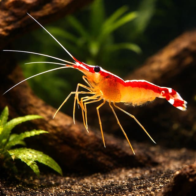 Cleaner shrimp Lysmata amboinensis 3-5 cm with red and white striped body and long white antennae