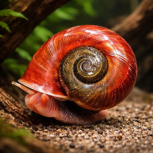 Red Giant Ramshorn Apple Snail (Marisa cornuarietis) on driftwood, showing its flat coiled red shell - representative image