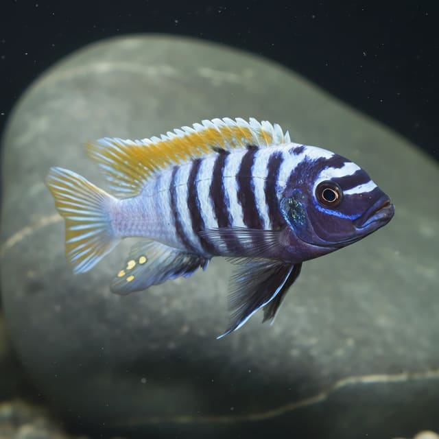 Metriaclima sp. Emmiltos "Mpangha Rocks" in a planted aquarium — representative image