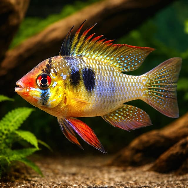 Black Ram Dwarf Cichlid (Mikrogeophagus ramirezi) - stunning dark colour morph