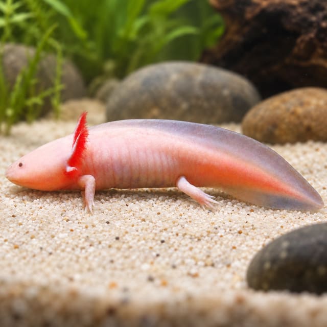 Pink-white axolotl with red feathery gills walking on fine pale sand — one of the colours in the mixed batch