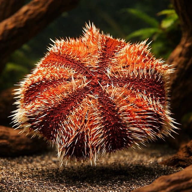 Multicolor Sea Urchin Tripneustes gratilla 9 cm on live rock in a marine aquarium
