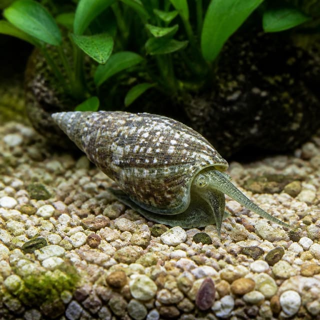 Small Nassarius marine snail on sand substrate, ideal saltwater clean-up crew in a reef aquarium