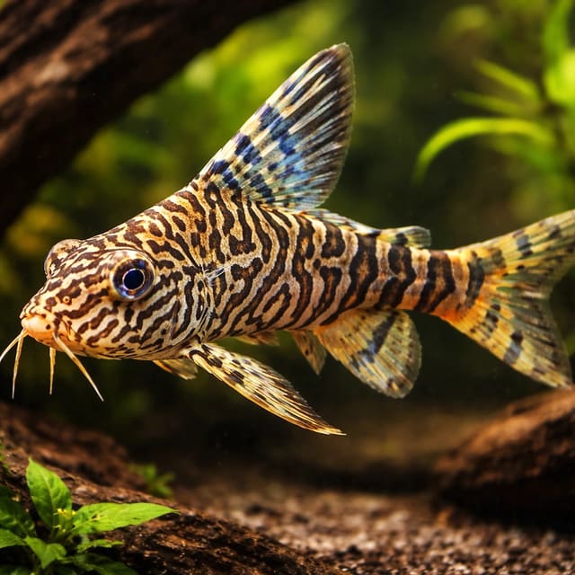 Representative illustration of a Network Syno (Synodontis aterrimus) beside driftwood